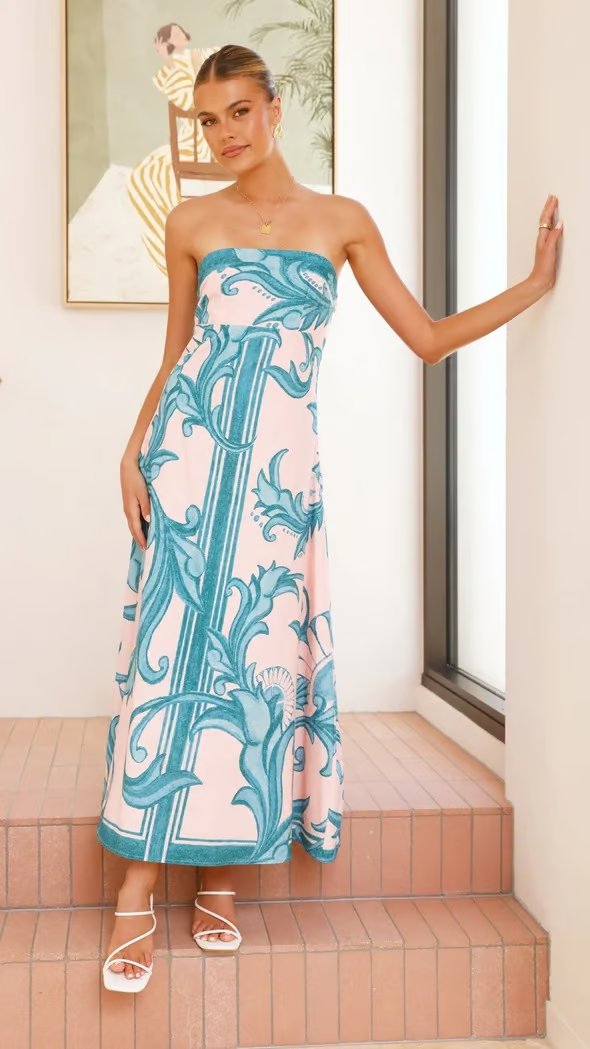 Women's Strapless Maxi Tube Dress Baroque Scrollwork Print - Light Blue