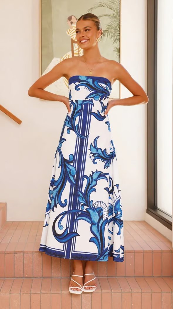 Women's Strapless Maxi Tube Dress Baroque Scrollwork Print
