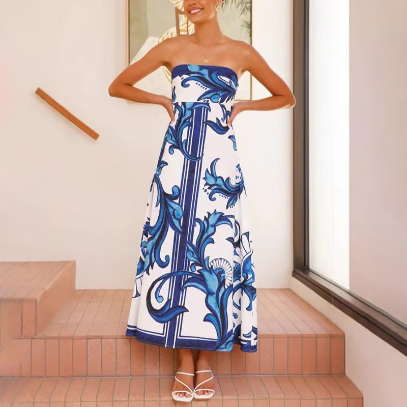 Women's Strapless Maxi Tube Dress Baroque Scrollwork Print