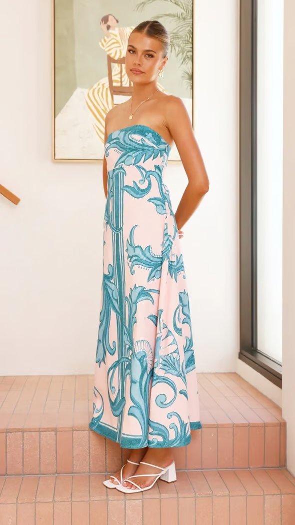 Women's Strapless Maxi Tube Dress Baroque Scrollwork Print