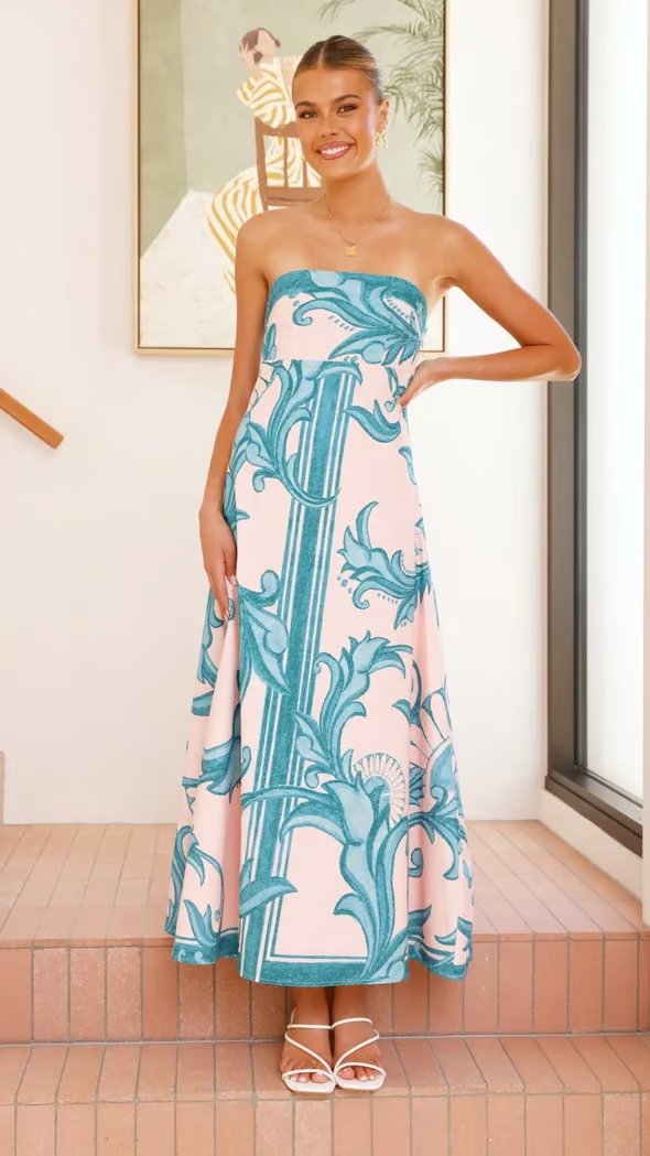 Women's Strapless Maxi Tube Dress Baroque Scrollwork Print