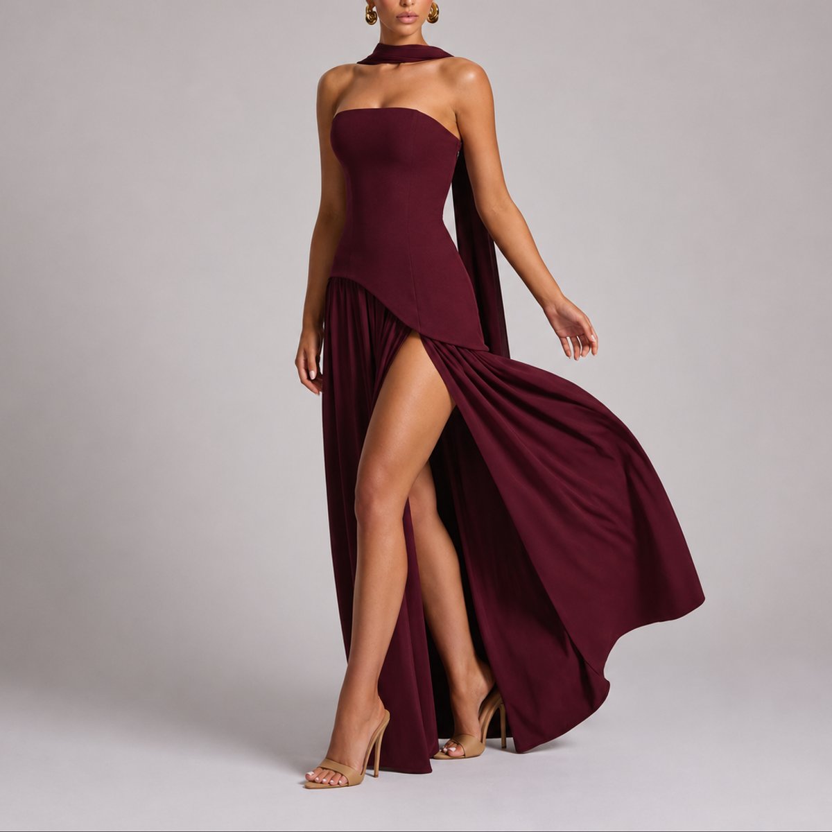 Women's Strapless Open-Back Scarf-Neck Fall Wedding Guest Maxi Dress - Red