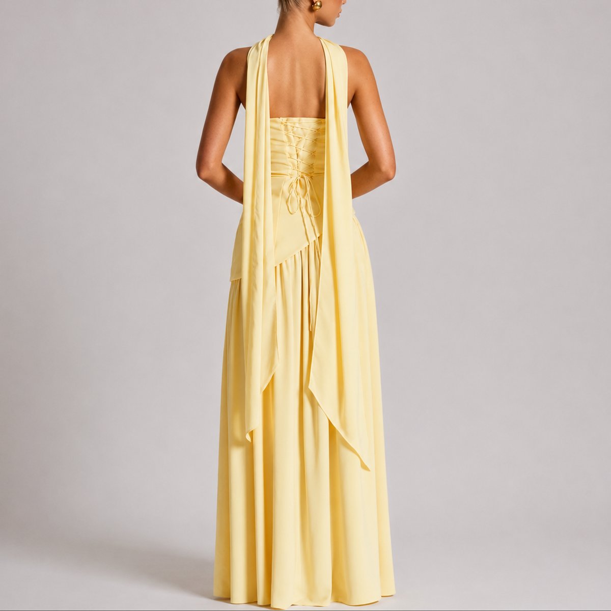 Women's Strapless Open-Back Scarf-Neck Fall Wedding Guest Maxi Dress