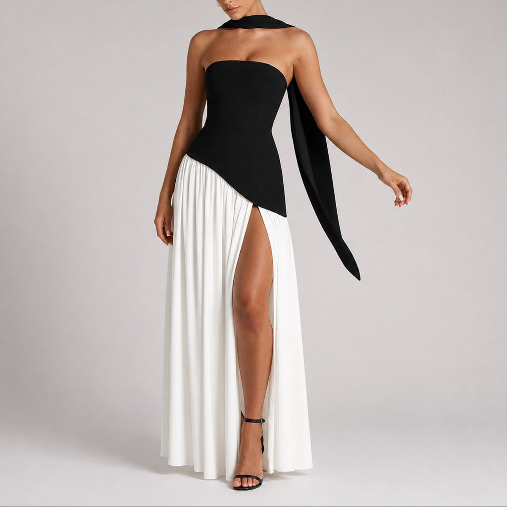 Women's Strapless Open-Back Scarf-Neck Fall Wedding Guest Maxi Dress - White