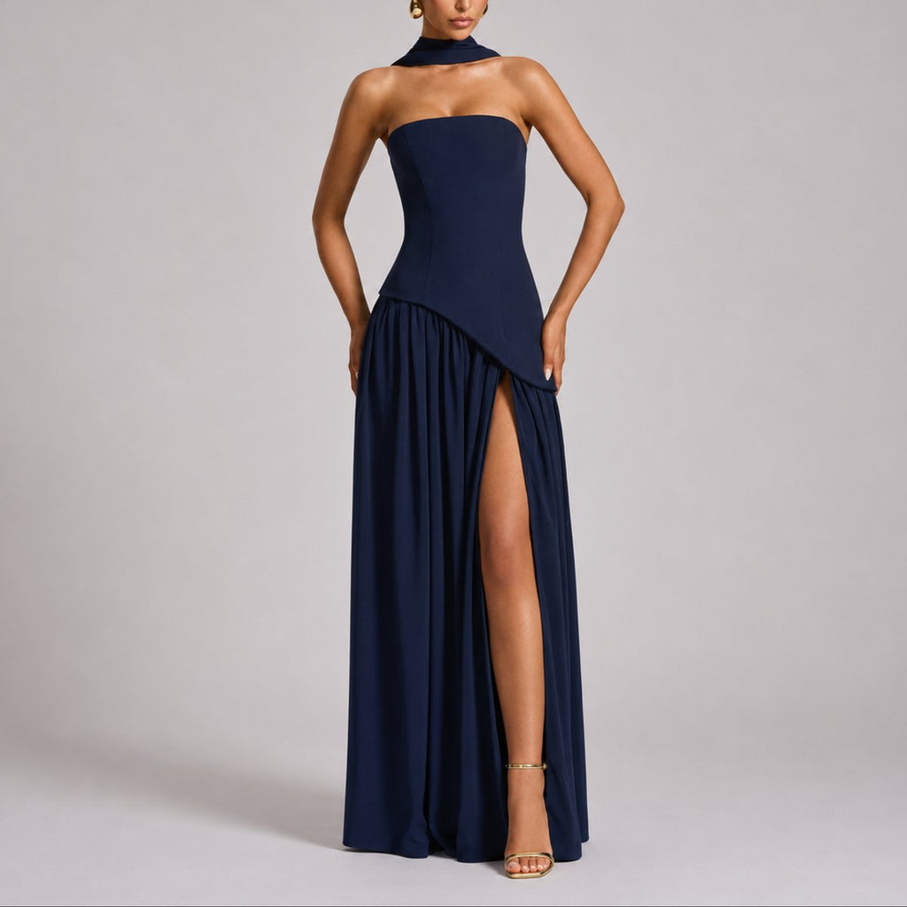 Women's Strapless Open-Back Scarf-Neck Fall Wedding Guest Maxi Dress - Navy