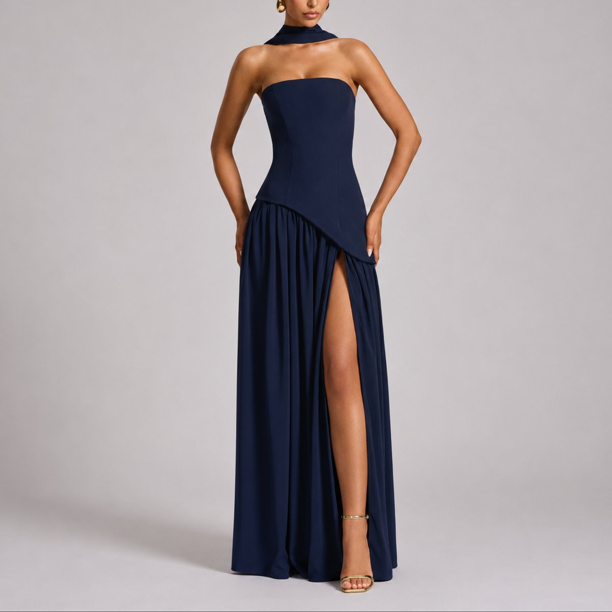 Women's Strapless Open-Back Scarf-Neck Fall Wedding Guest Maxi Dress - Navy
