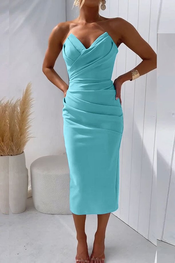 Women's Strapless Sweetheart Draped Midi Cocktail Dress - Turquoise