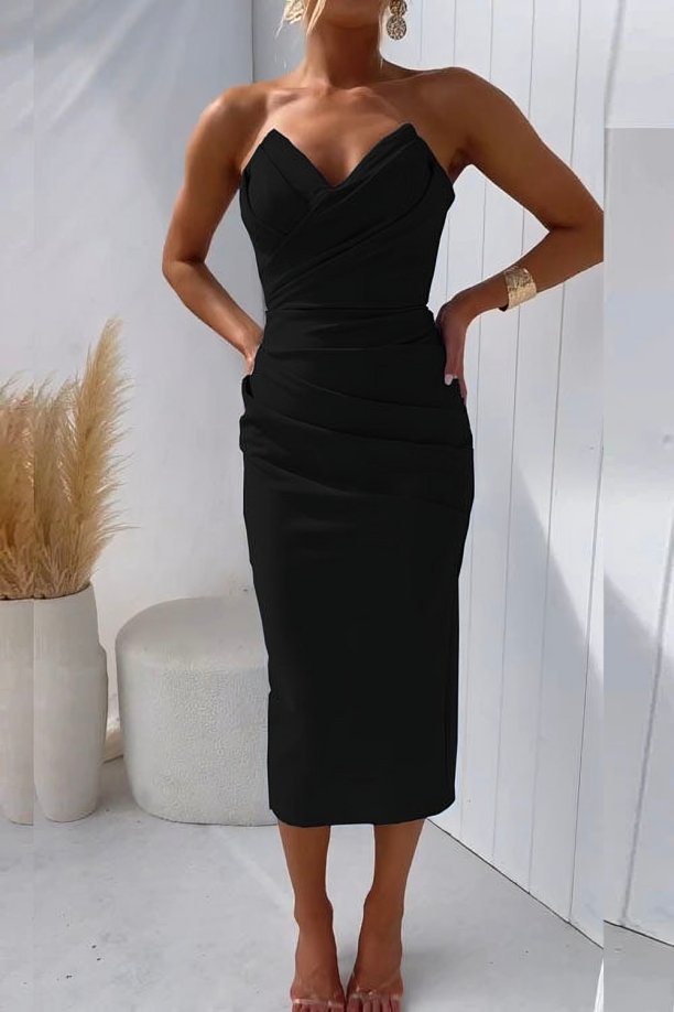 Women's Strapless Sweetheart Draped Midi Cocktail Dress - Black