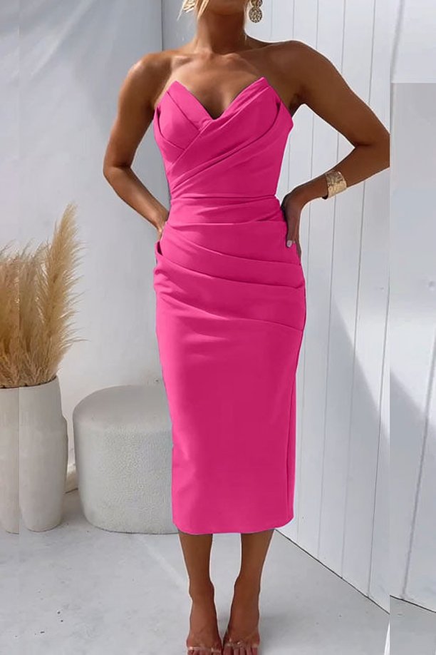 Women's Strapless Sweetheart Draped Midi Cocktail Dress - Rose