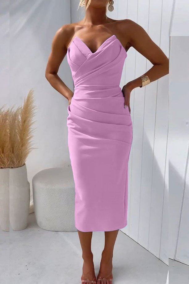 Women's Strapless Sweetheart Draped Midi Cocktail Dress - Pink