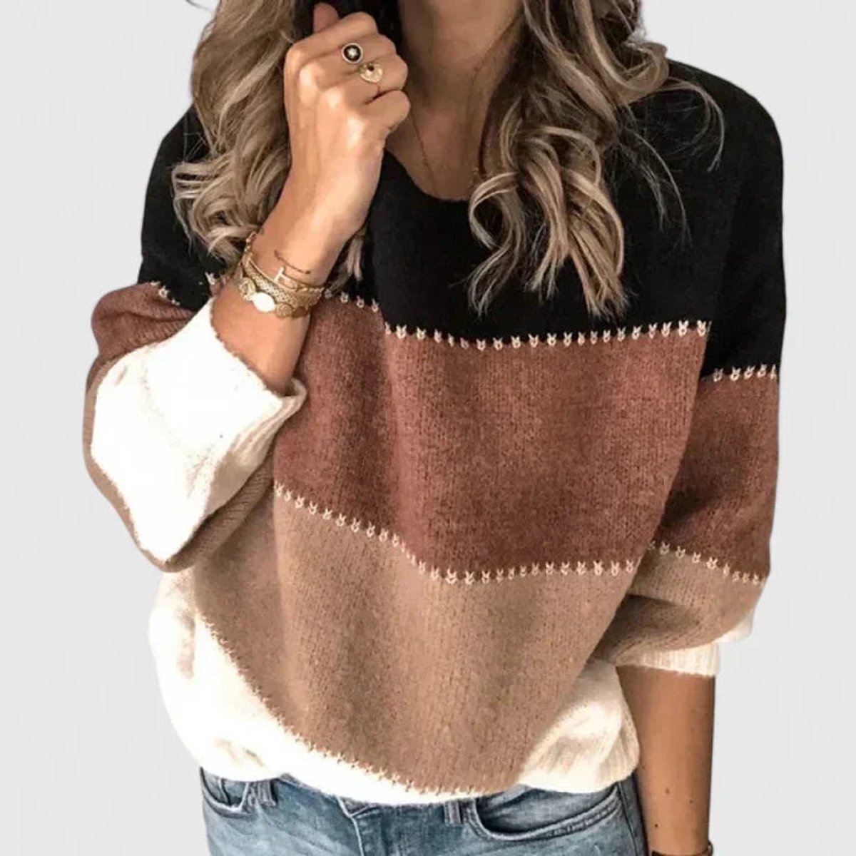 Women's Striped Color-Block Long-Sleeve Knit Pullover Sweater - Khaki