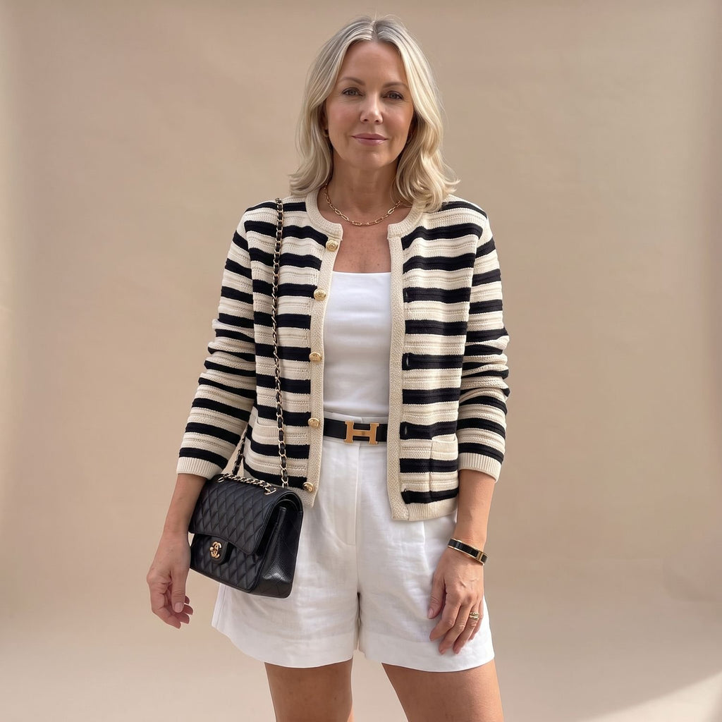 Women's Striped Gold-Button Knit Cardigan Blazer