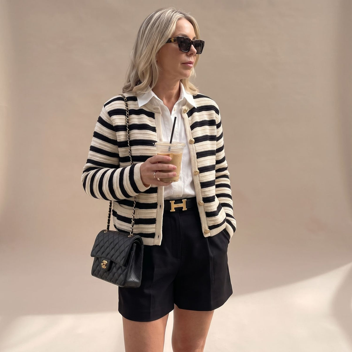 Women's Striped Gold-Button Knit Cardigan Blazer