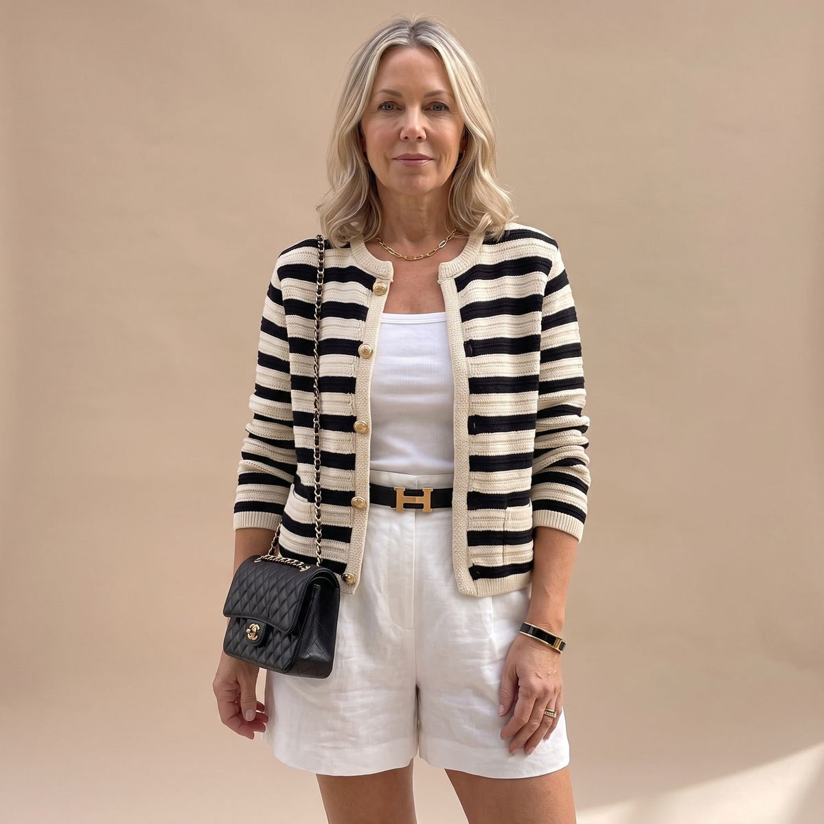 Women's Striped Gold-Button Knit Cardigan Blazer