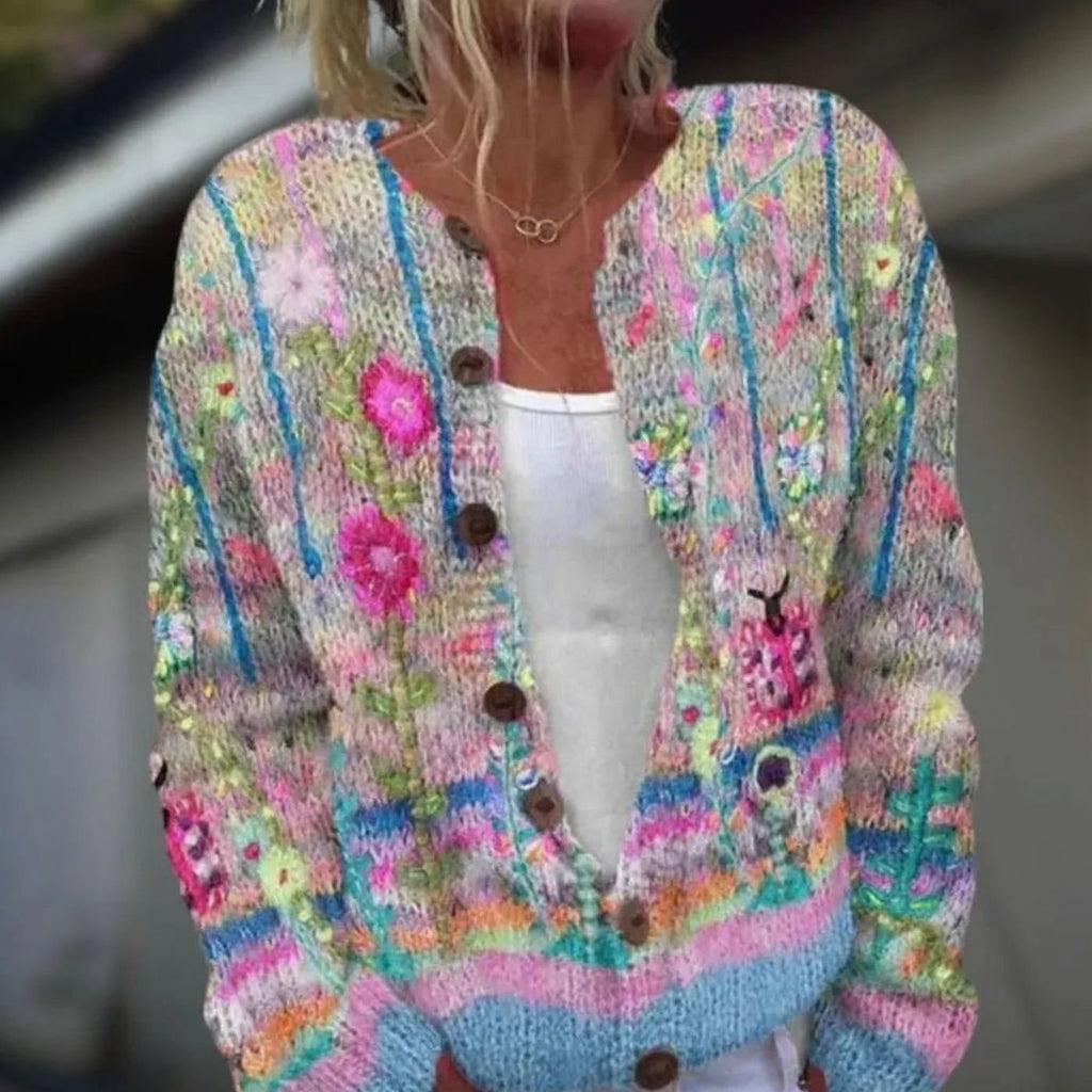 Women's Striped Knit Button-Front Cardigan Sweater - Floral Print