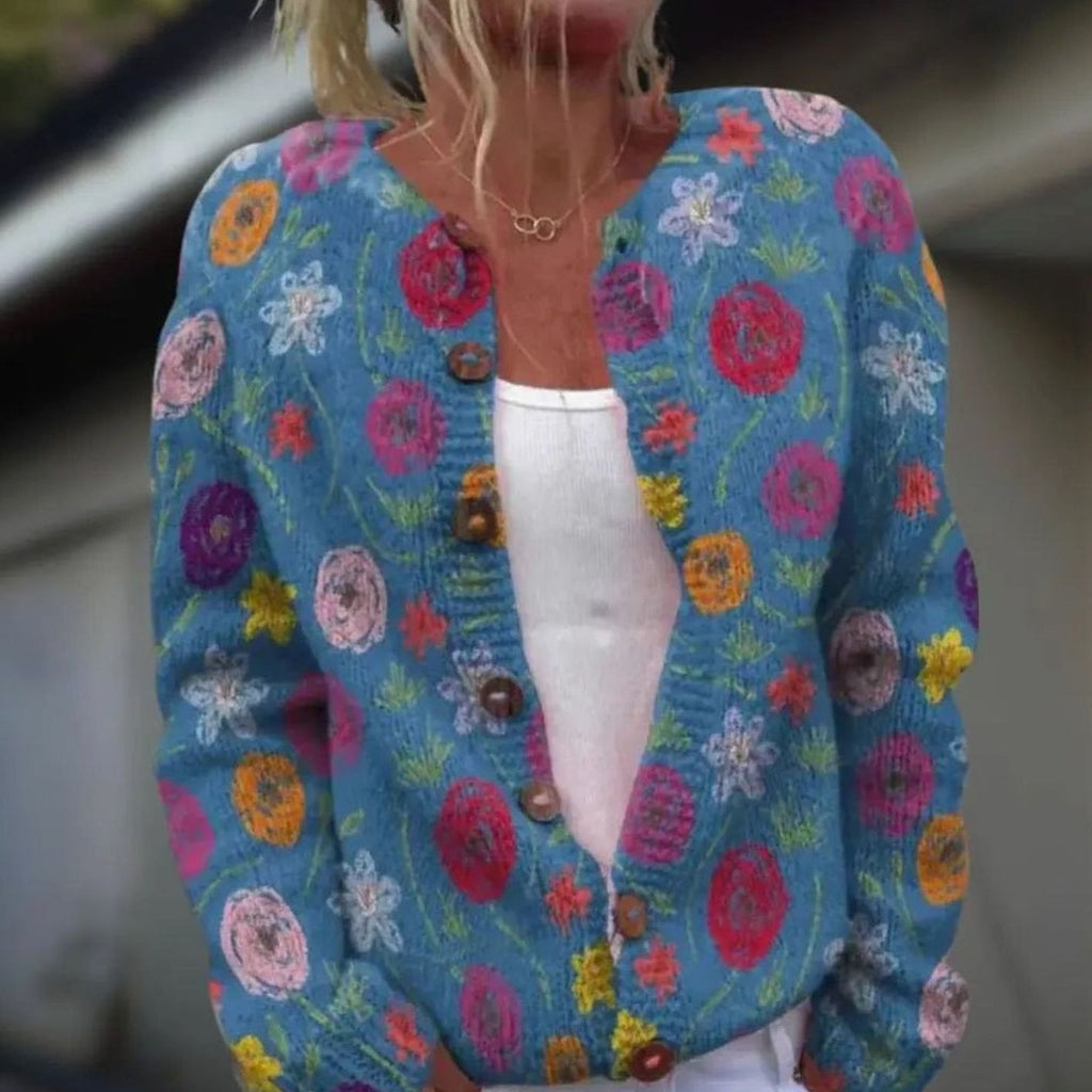 Women's Striped Knit Button-Front Cardigan Sweater - Blue with Flowers