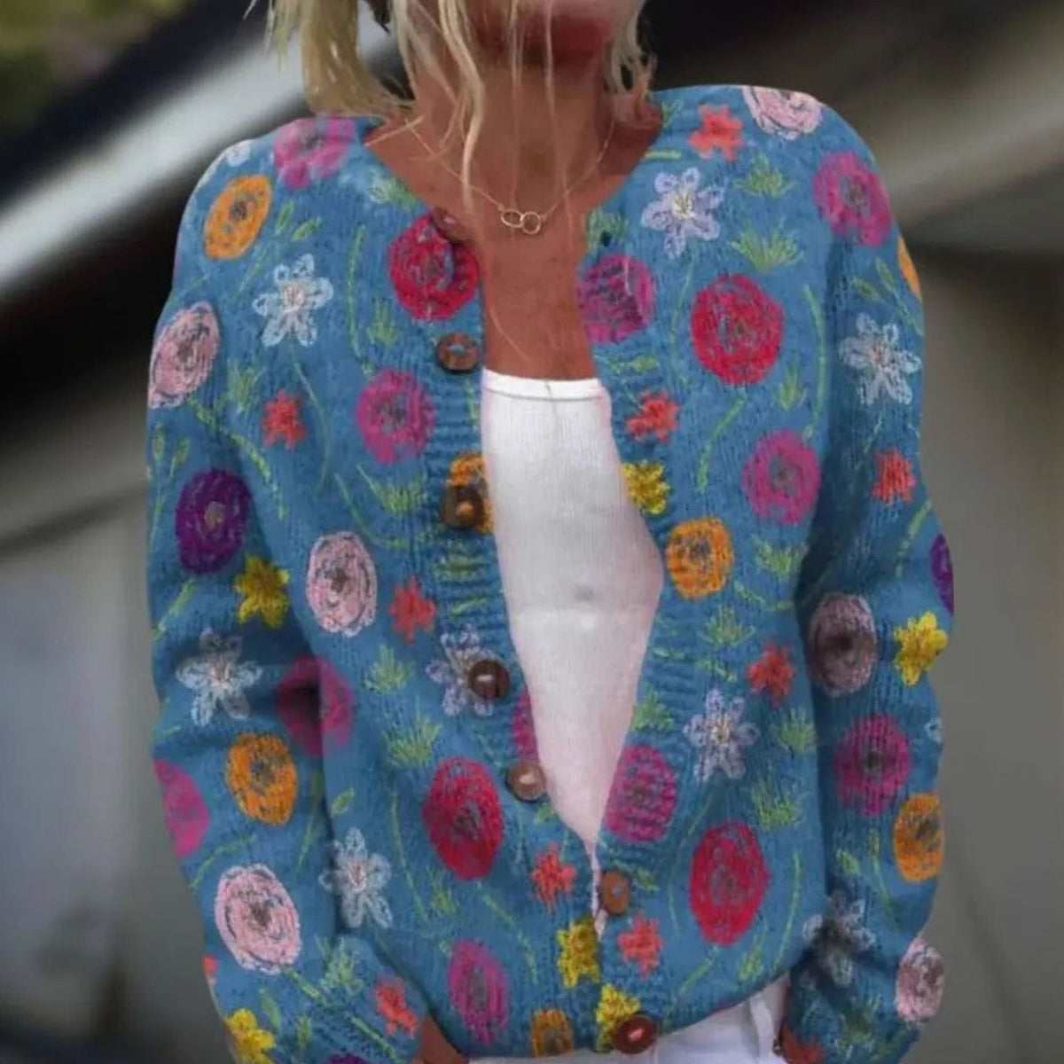 Women's Striped Knit Button-Front Cardigan Sweater - Blue with Flowers
