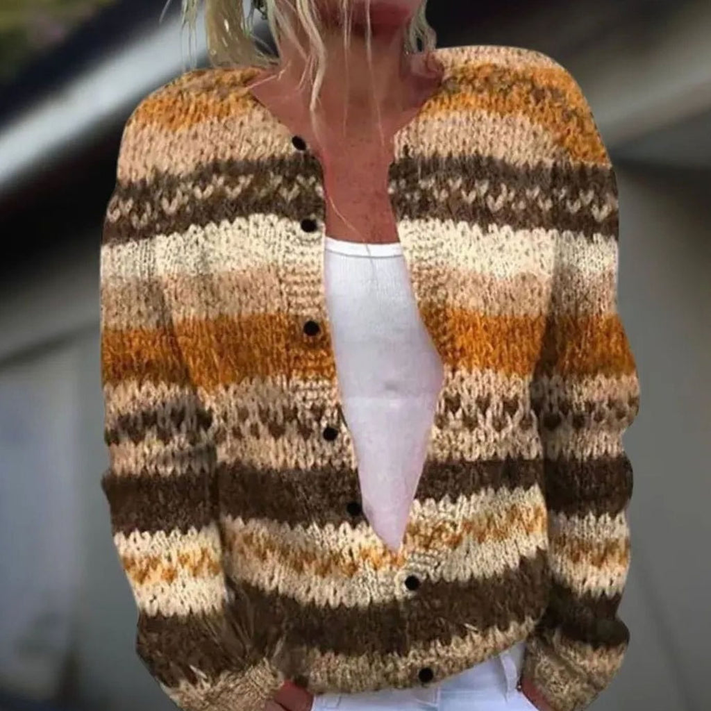 Women's Striped Knit Button-Front Cardigan Sweater - Brown Striped