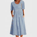 Women's Striped Midi Dress Scoop-Neck Button-Accent A-Line - Blue