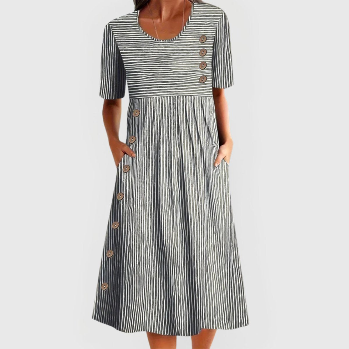 Women's Striped Midi Dress Scoop-Neck Button-Accent A-Line - Gray
