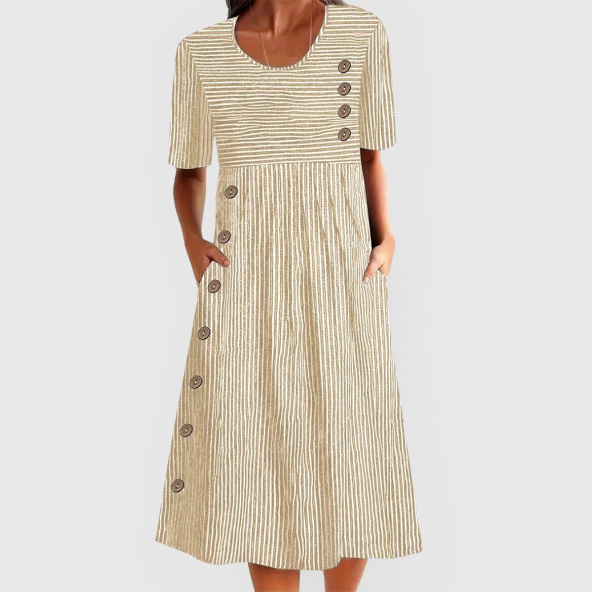 Women's Striped Midi Dress Scoop-Neck Button-Accent A-Line - Beige