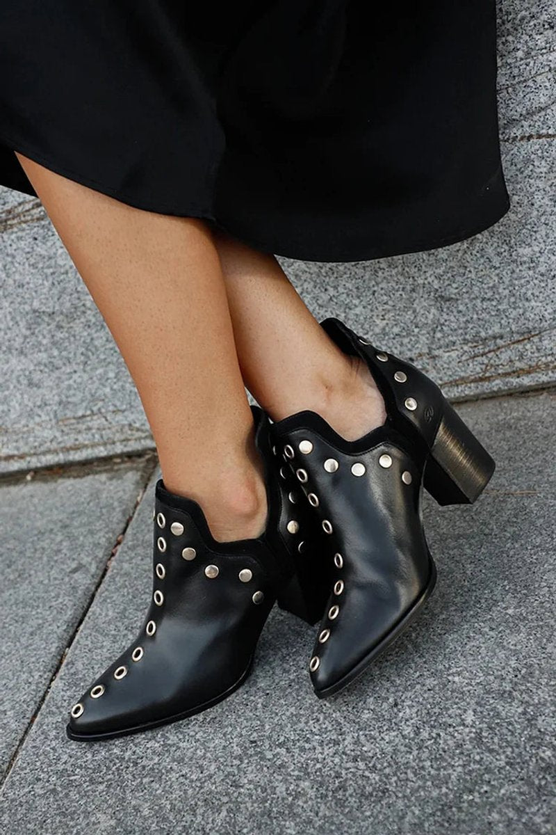 Women's Studded Block-Heel Ankle Boots Pointed-Toe Booties - Black