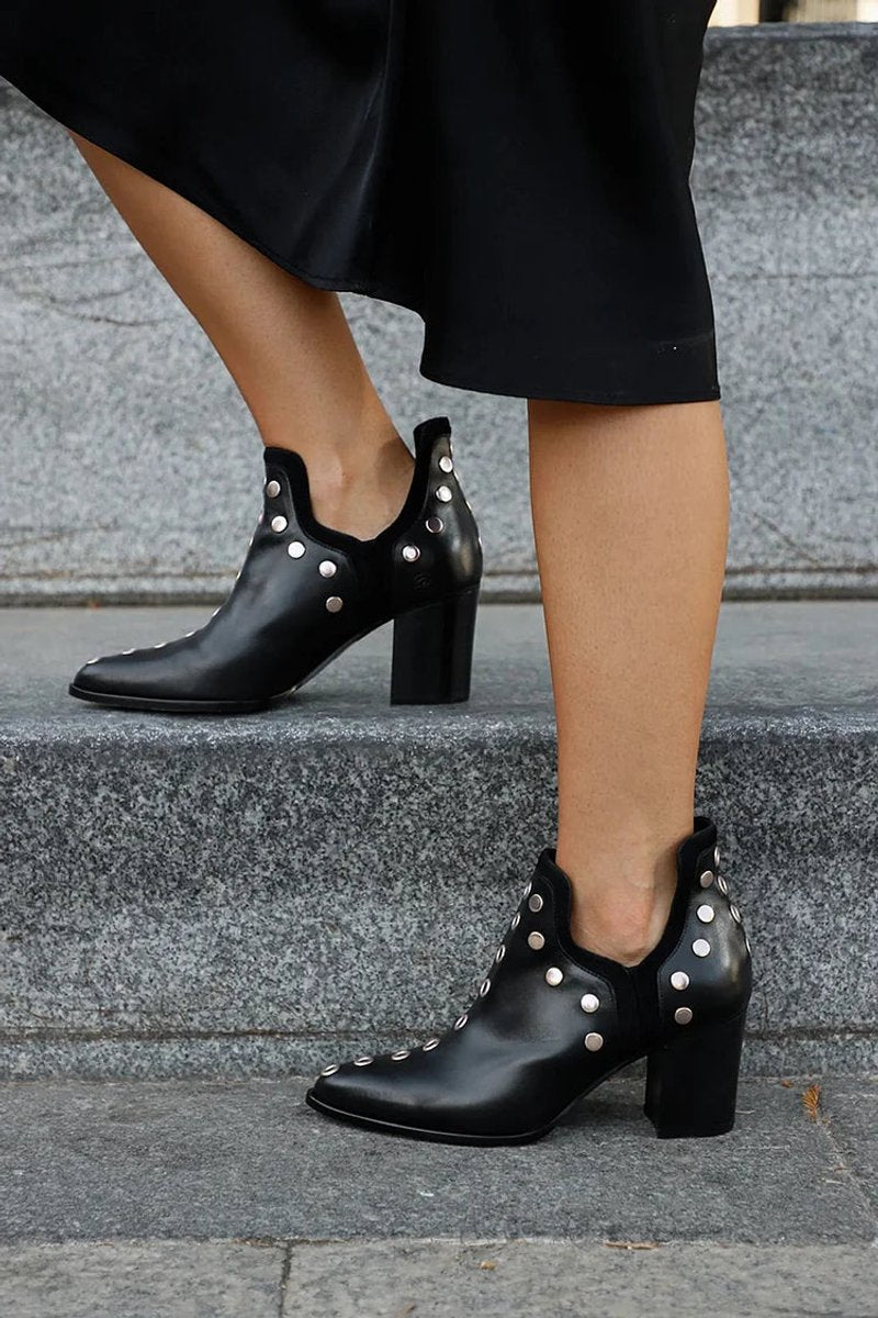 Women's Studded Block-Heel Ankle Boots Pointed-Toe Booties