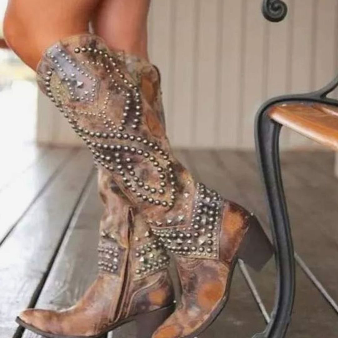 Women's Studded Knee-High Chunky Heel Cowboy Boots - Brown