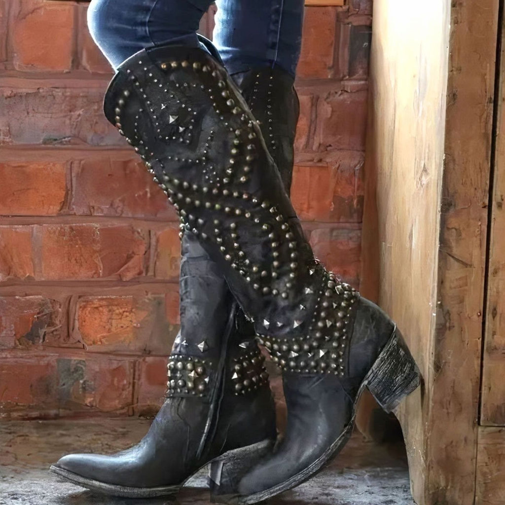 Women's Studded Knee-High Chunky Heel Cowboy Boots - Black