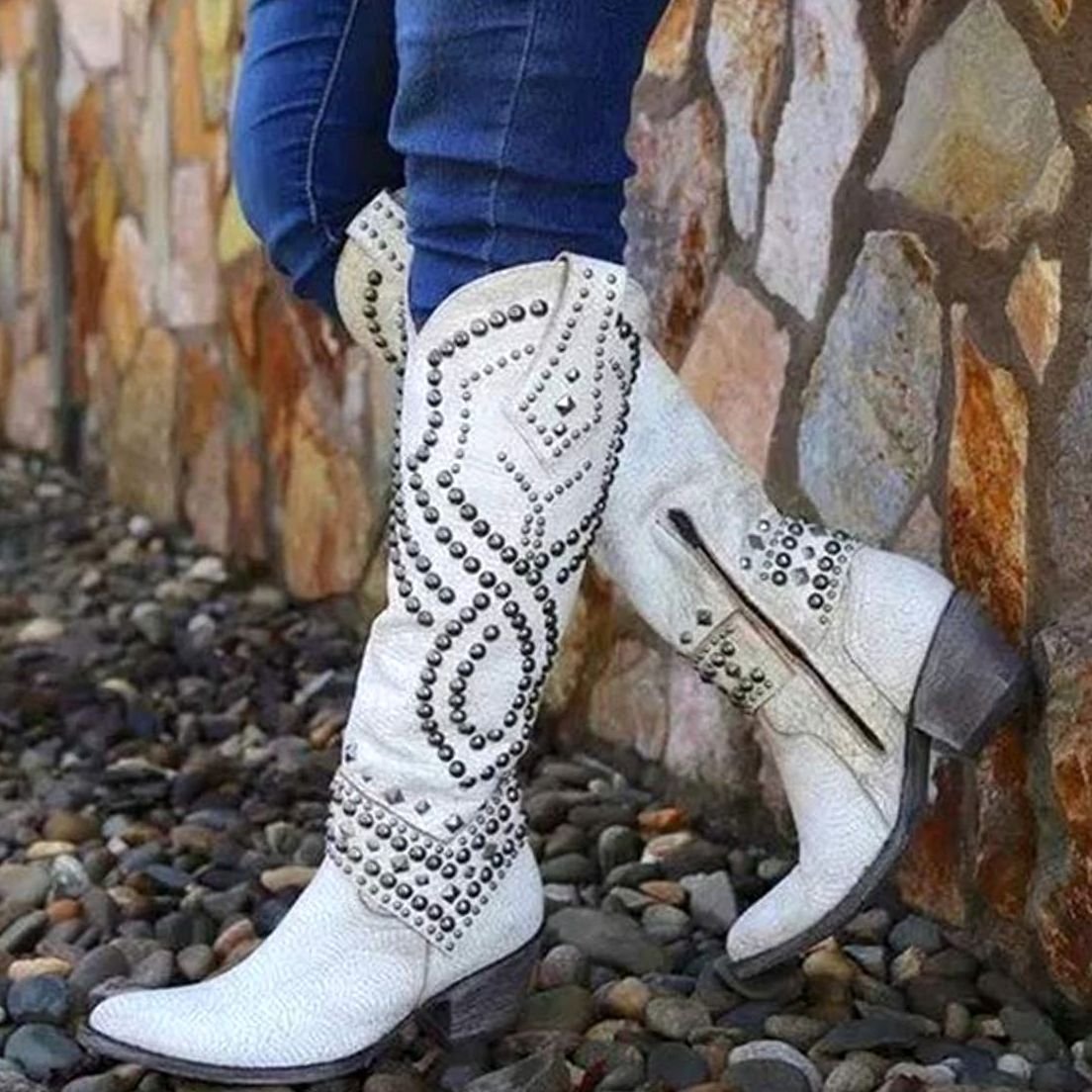 Women's Studded Knee-High Chunky Heel Cowboy Boots - White