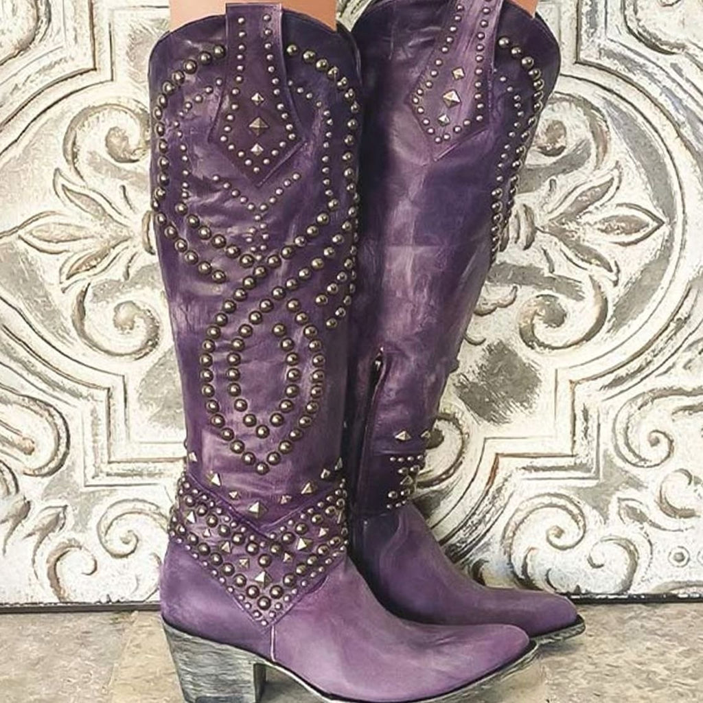 Women's Studded Knee-High Chunky Heel Cowboy Boots - Purple