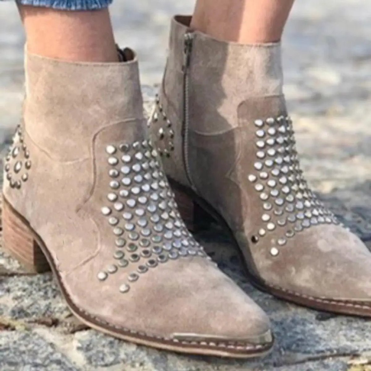 Women's Studded Suede Pointed-Toe Ankle Boots