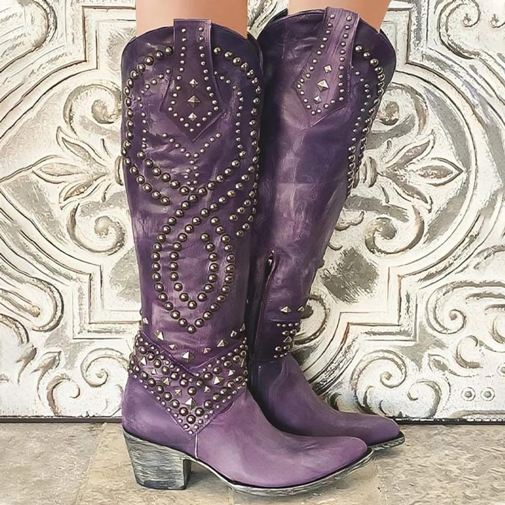 Women's Studded Western Knee High Boots Block Heel Pointed Toe - Purple