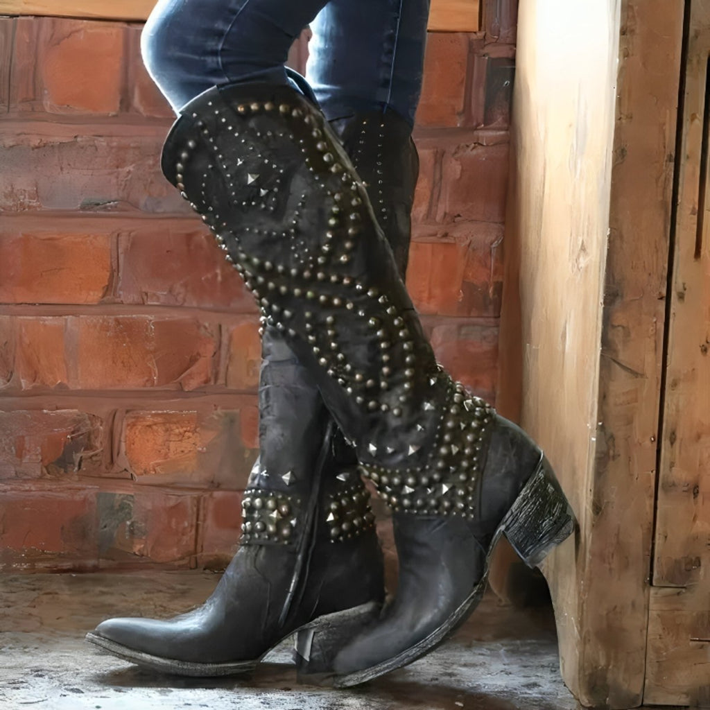 Women's Studded Western Knee High Boots Block Heel Pointed Toe - Black