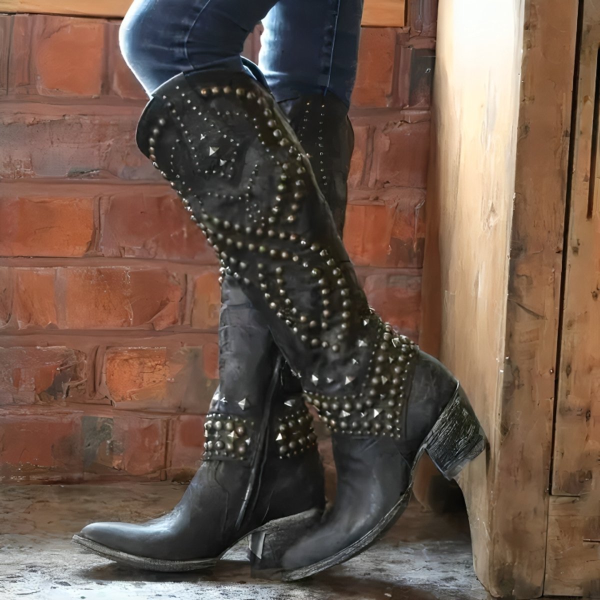 Women's Studded Western Knee High Boots Block Heel Pointed Toe - Black