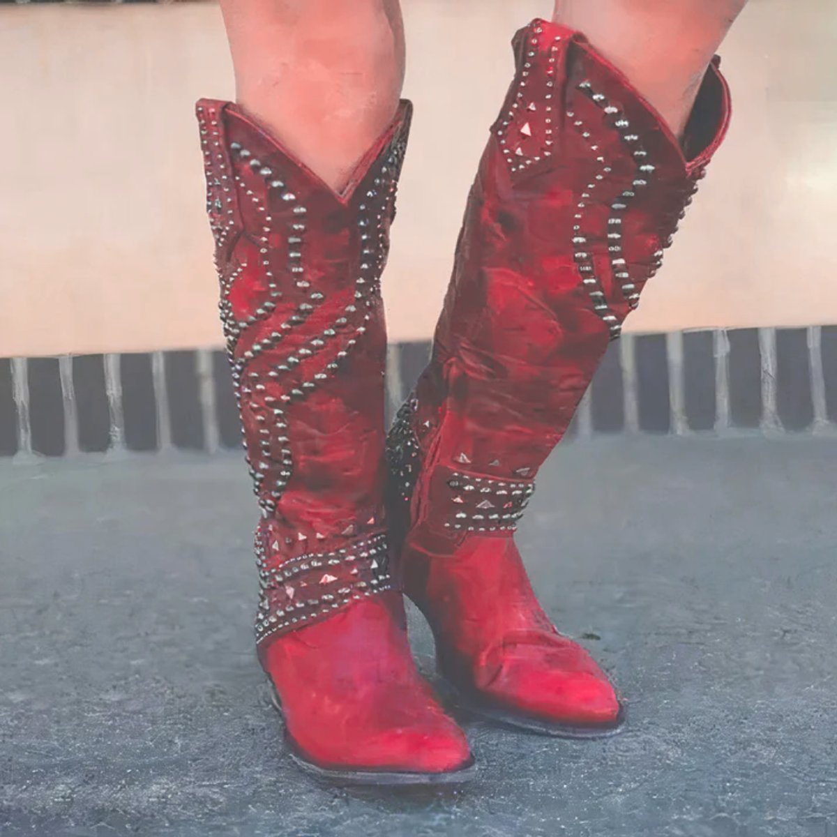 Women's Studded Western Knee High Boots Block Heel Pointed Toe - Red