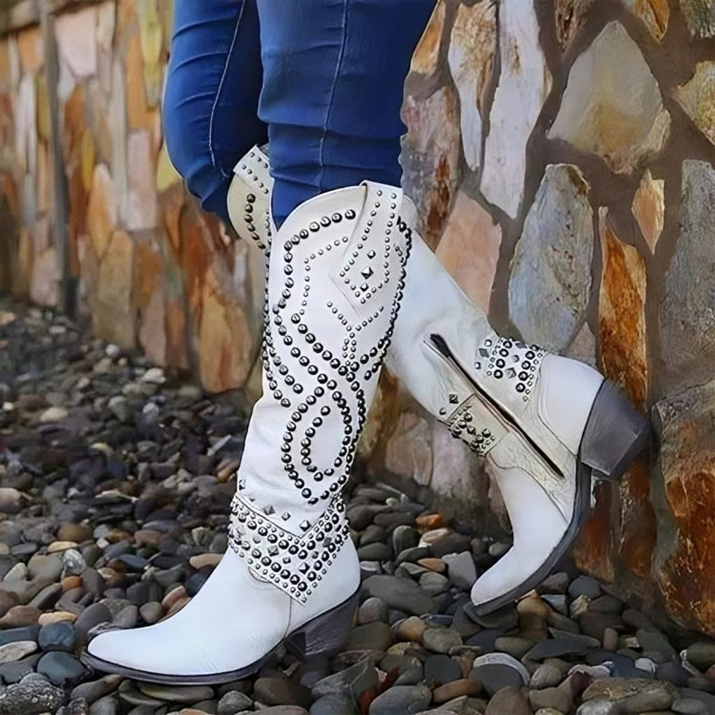 Women's Studded Western Knee High Boots Block Heel Pointed Toe - White