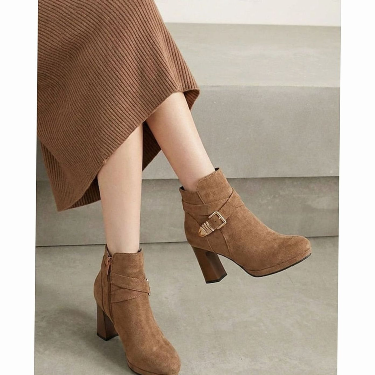 Women's Suede Block Heel Buckle-Strap Ankle Boots