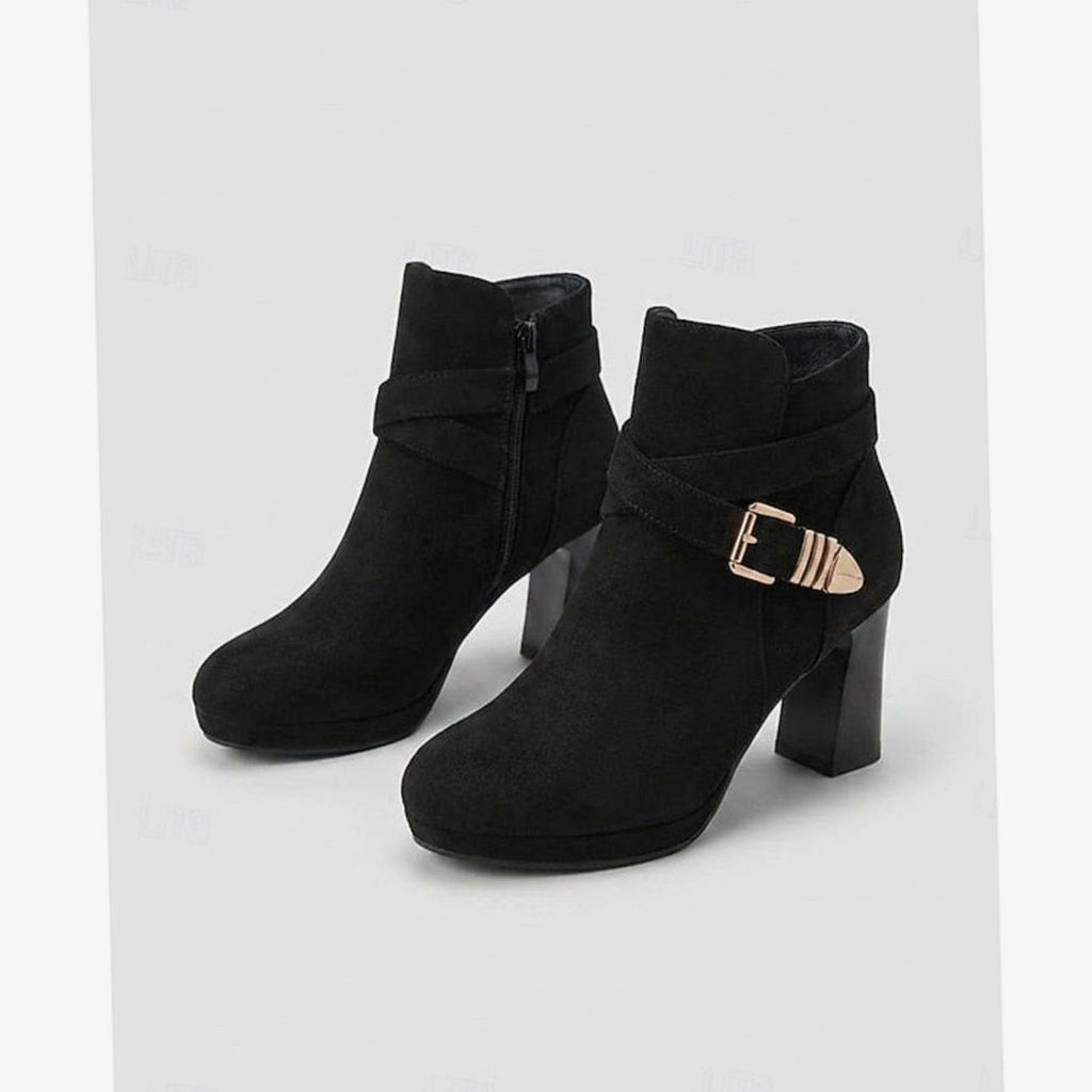 Women's Suede Block Heel Buckle-Strap Ankle Boots - Black