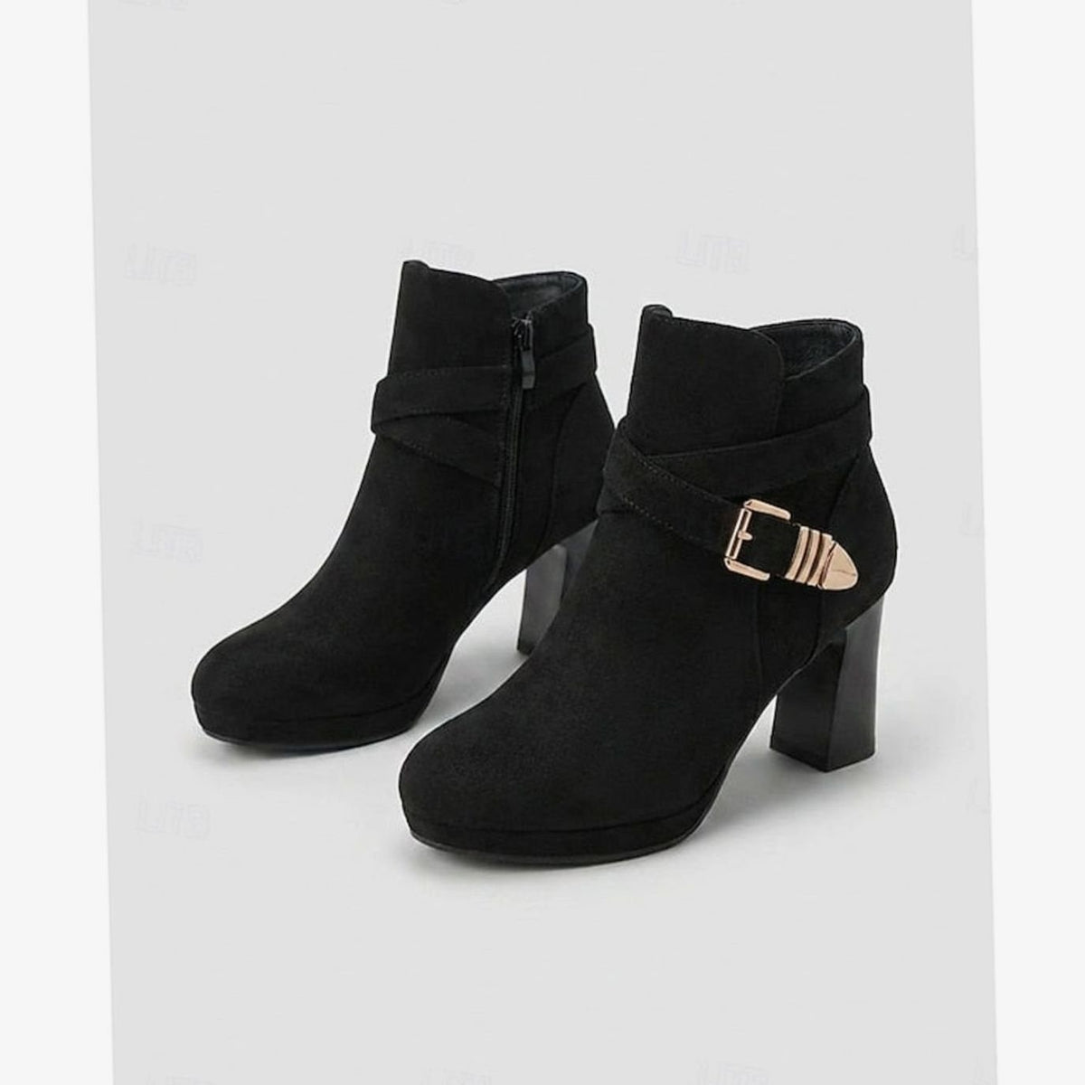 Women's Suede Block Heel Buckle-Strap Ankle Boots - Black
