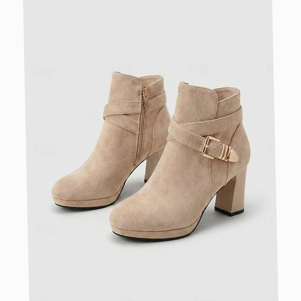 Women's Suede Block Heel Buckle-Strap Ankle Boots - Almond