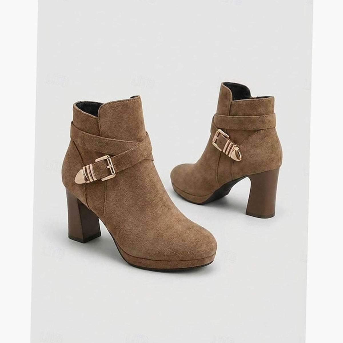 Women's Suede Block Heel Buckle-Strap Ankle Boots
