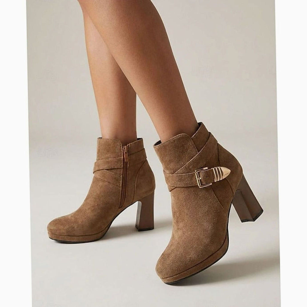 Women's Suede Block Heel Buckle-Strap Ankle Boots