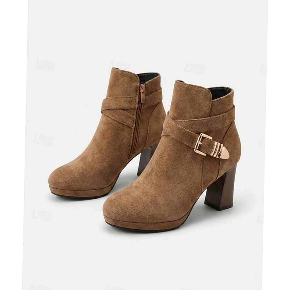 Women's Suede Block Heel Buckle-Strap Ankle Boots - Light Brown
