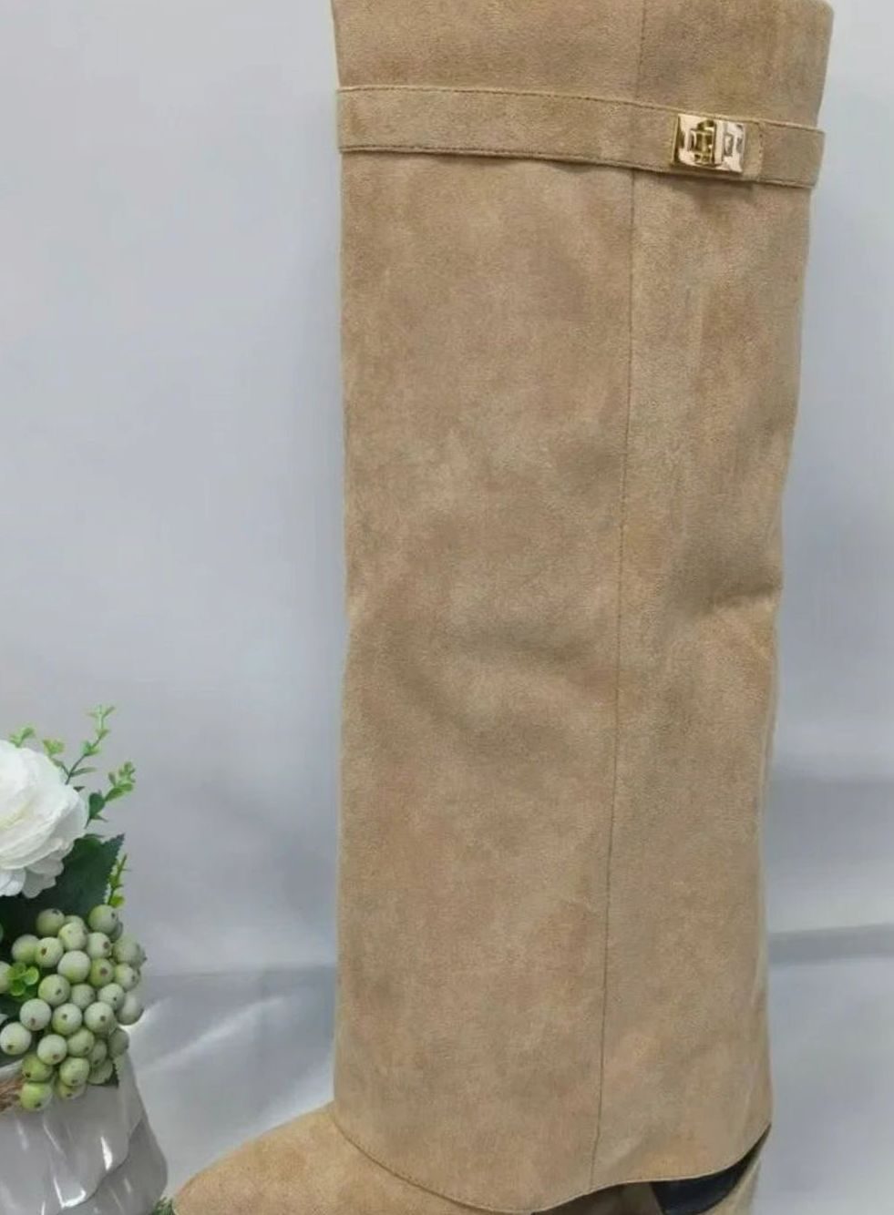 Women's Suede Knee-High Buckle Strap Wedge Thigh-High Boots - Apricot