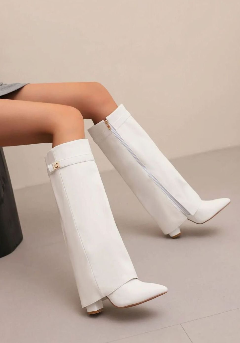Women's Suede Knee-High Buckle Strap Wedge Thigh-High Boots - White Plush
