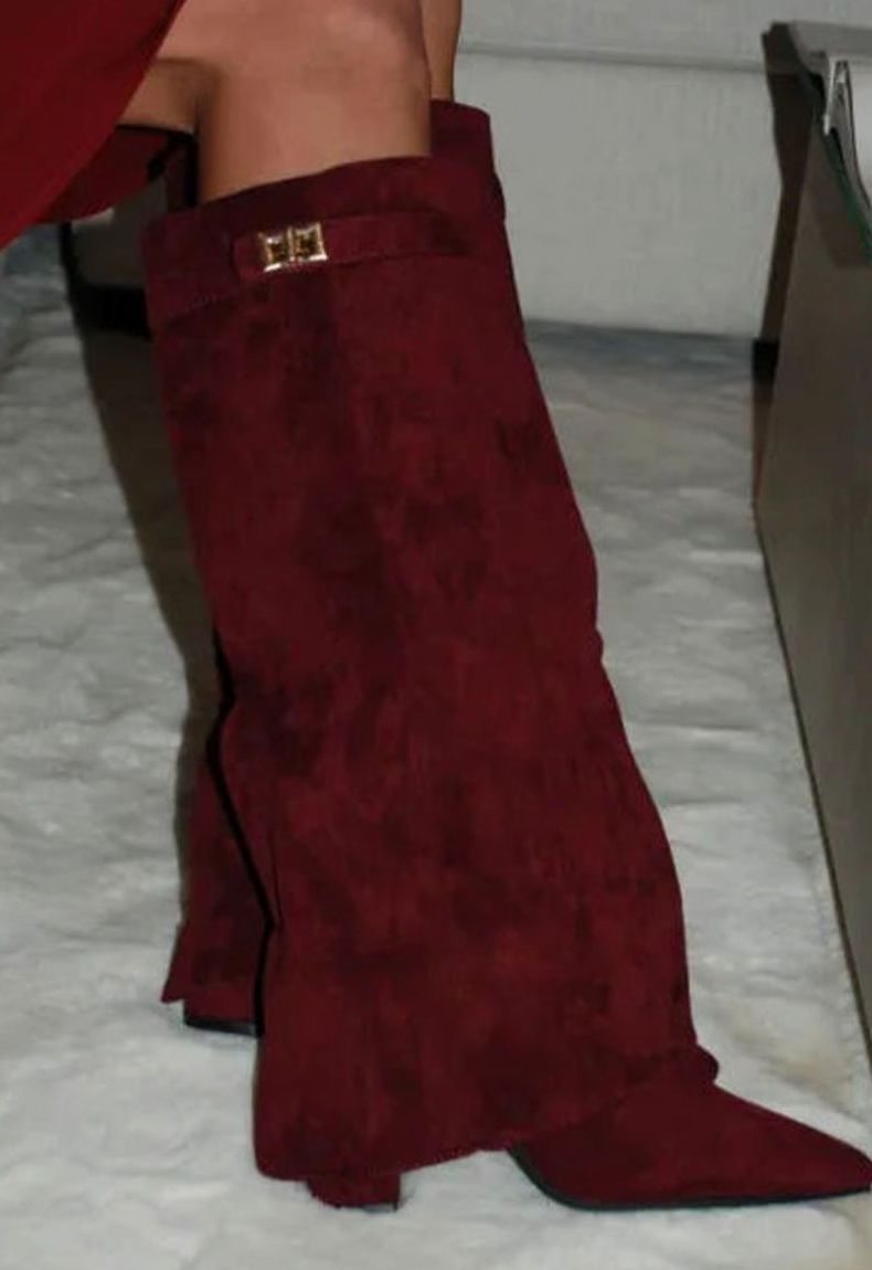 Women's Suede Knee-High Buckle Strap Wedge Thigh-High Boots - Red Suede