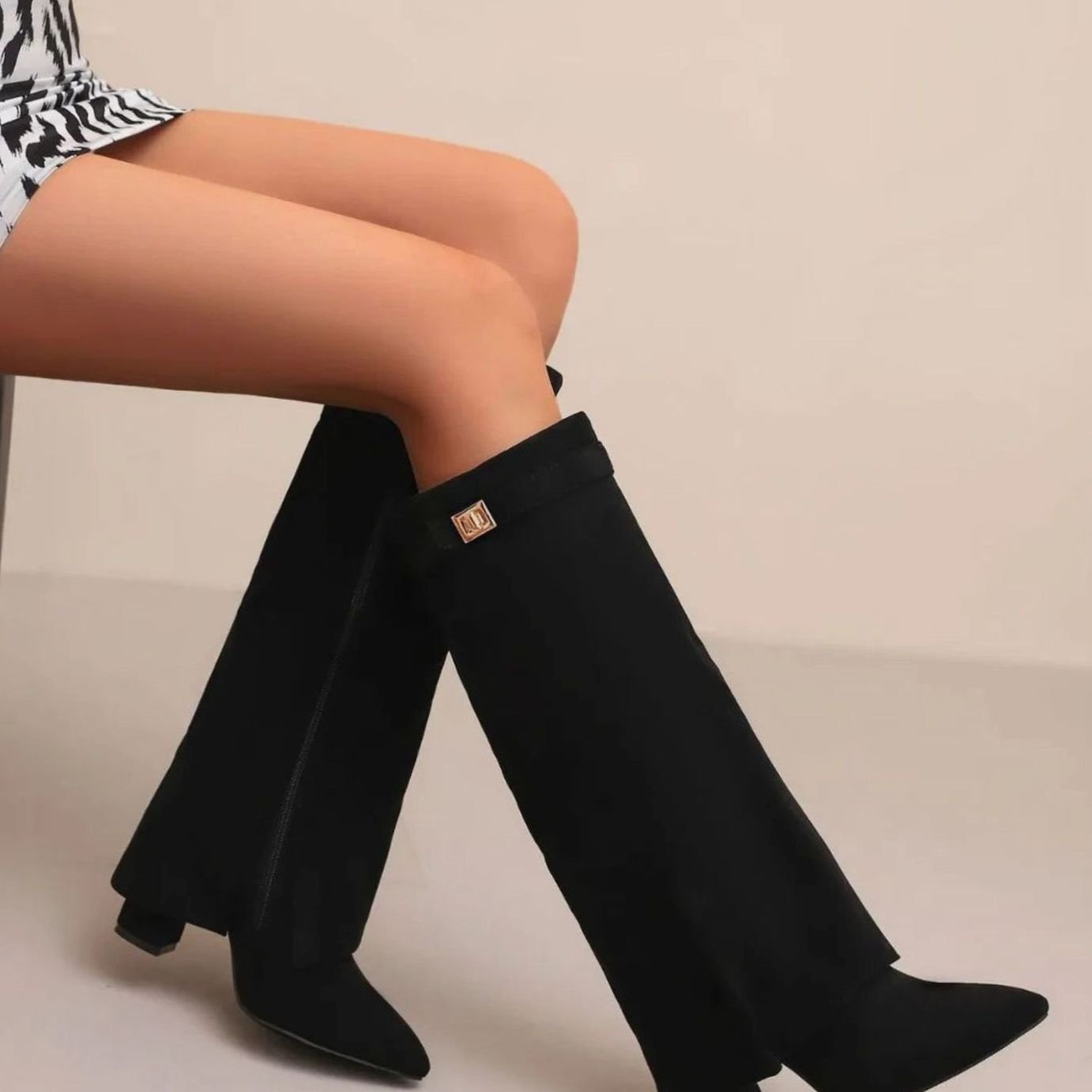 Women's Suede Knee-High Buckle Strap Wedge Thigh-High Boots - Suede Plush