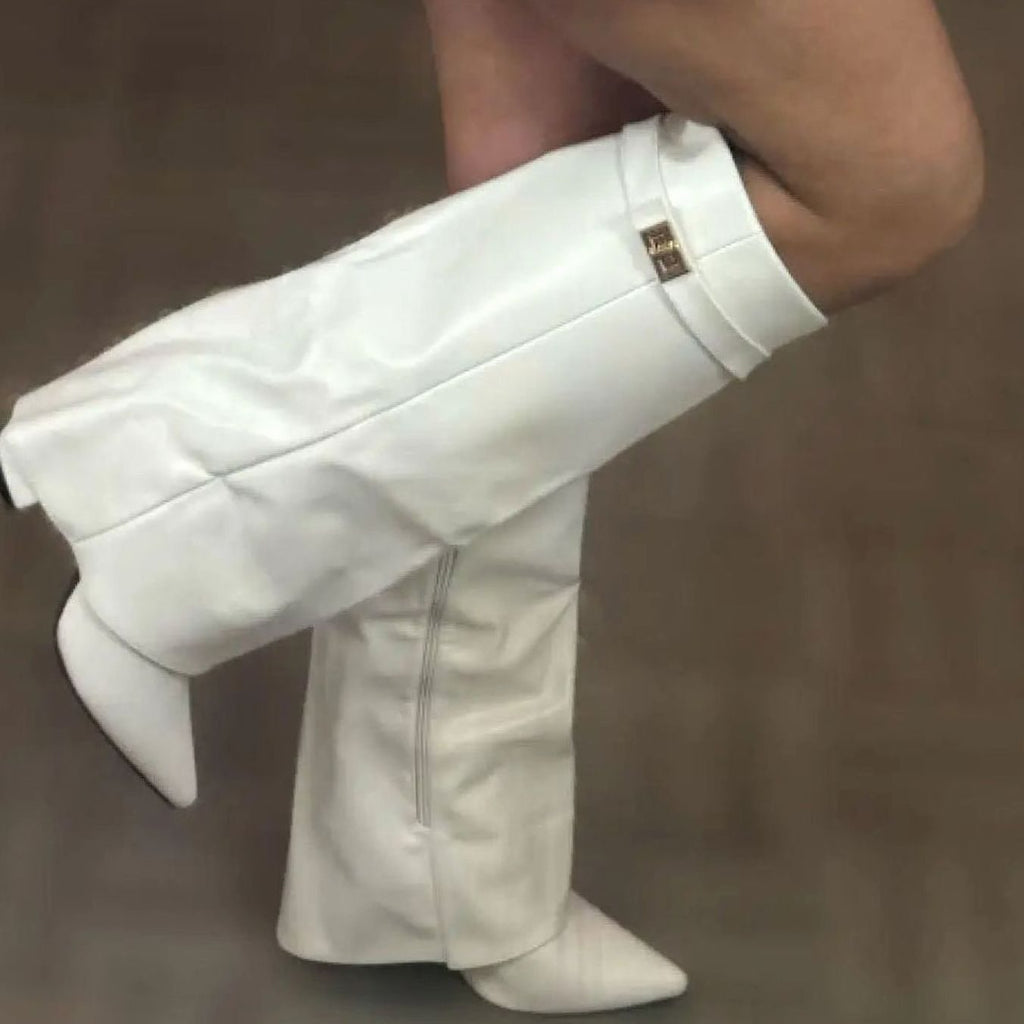 Women's Suede Knee-High Buckle Strap Wedge Thigh-High Boots - White