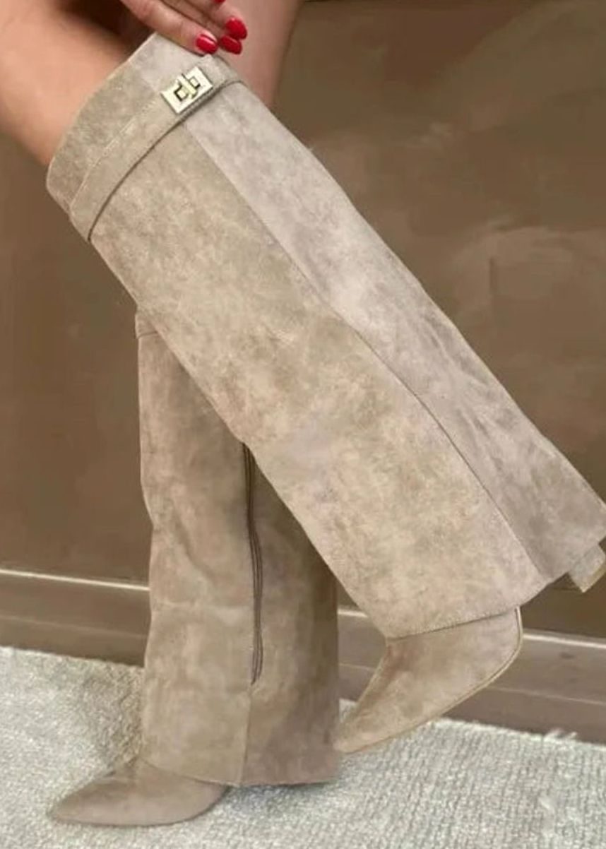 Women's Suede Knee-High Buckle Strap Wedge Thigh-High Boots